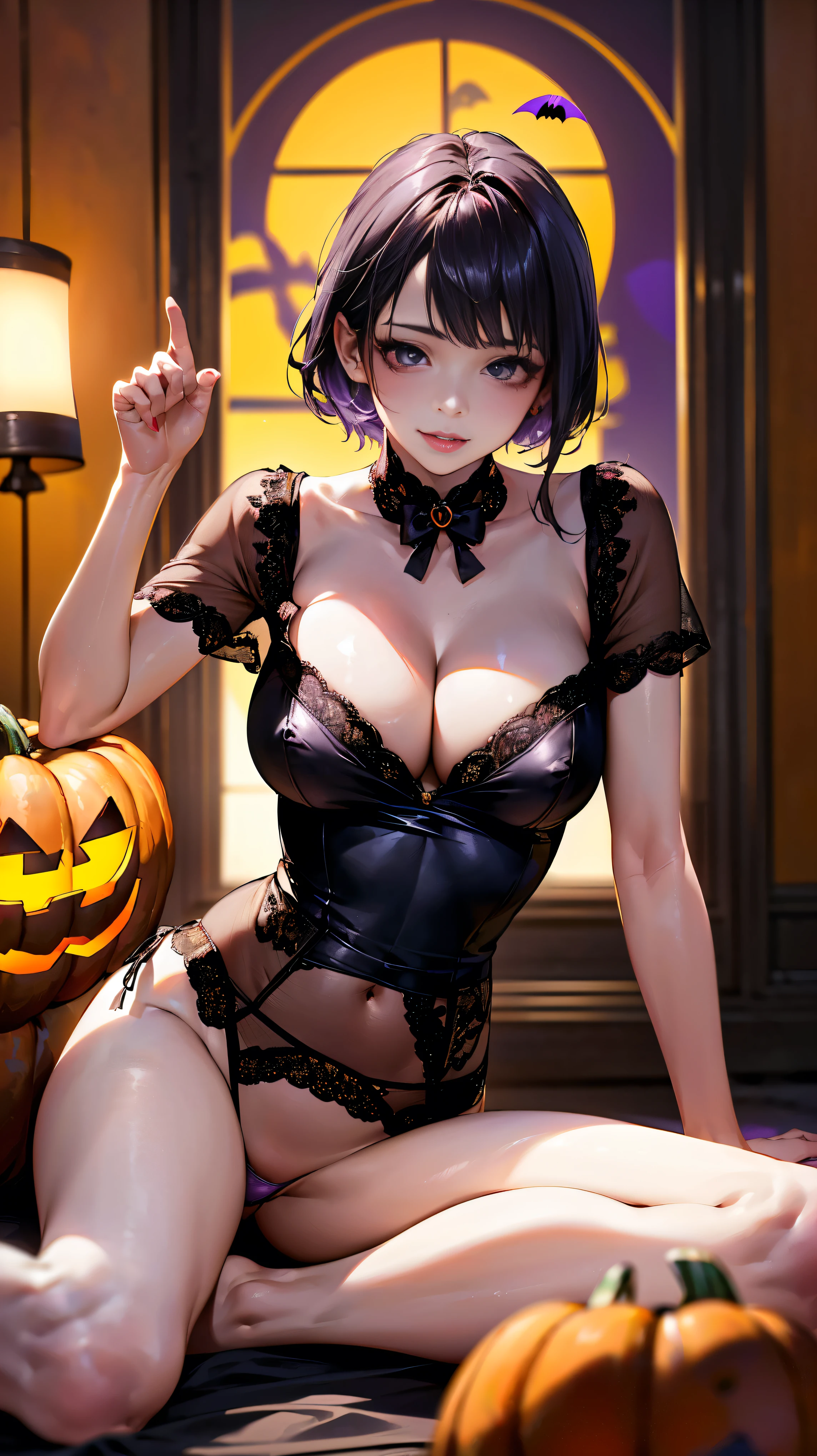 (masterpiece:1.3), (8k, Realistic, RAW Photo Best Quality: 1.4), Cute Japanese Woman:1.5, short hair:1.5、( Halloween Costumes :1.5)、Halloween party venue:1.5、( cleavage:1.5)、(Sexy Legs:1.5)、(( sexy pose with panties:1.5))、smile:1.2