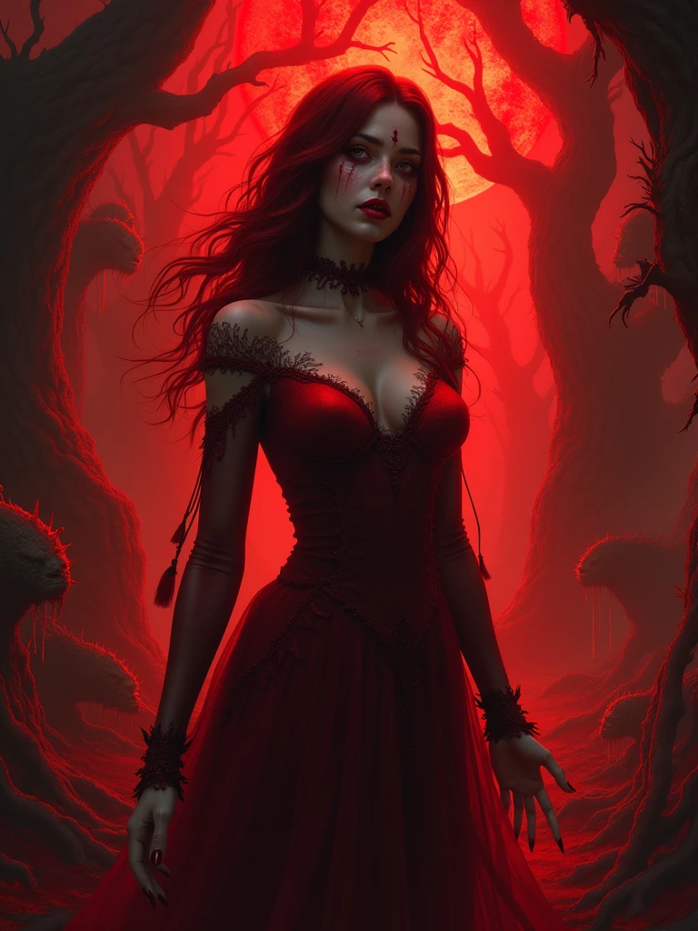 Red-haired woman, black dress, sensual, trident, night, cemetery, full moon, beautiful face, fire, realistic image, 4k