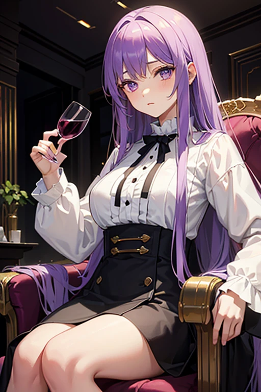 Glasses_upon_head, One girl, alone, chair, gloves, wine_Glass, smile, cup, lupong_sleeve, wine, shirt, drinking_Glass, Book, Holding, read, Jacket, Little, sunGlasses, alcohol, purple_hair, Closed_mouth, purple_eye, white_shirt, Sitting, black_Jacket, black_tie, 前hair, tie, Open_Book, formal_Alternative_Costumes, pink_eye, lupong_hair, Border, black_gloves