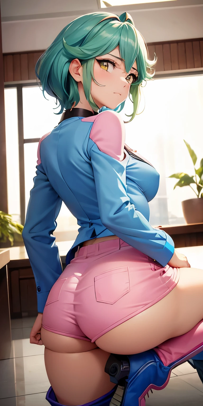 1 Female,High definition,high resolution,Ultra-realistic,8K, rin_arc_v,blue jacket,long sleeves,black choker,(pink shorts),(white boots), multicolored hair,yellow eyes,European,sexy,Upper body close-up,Photographed from the front,Dynamic Angles,private teacher,blush, (small tits), pretty  ,(pov , closed shot:1.3),from behind,huge ass,((show ass))