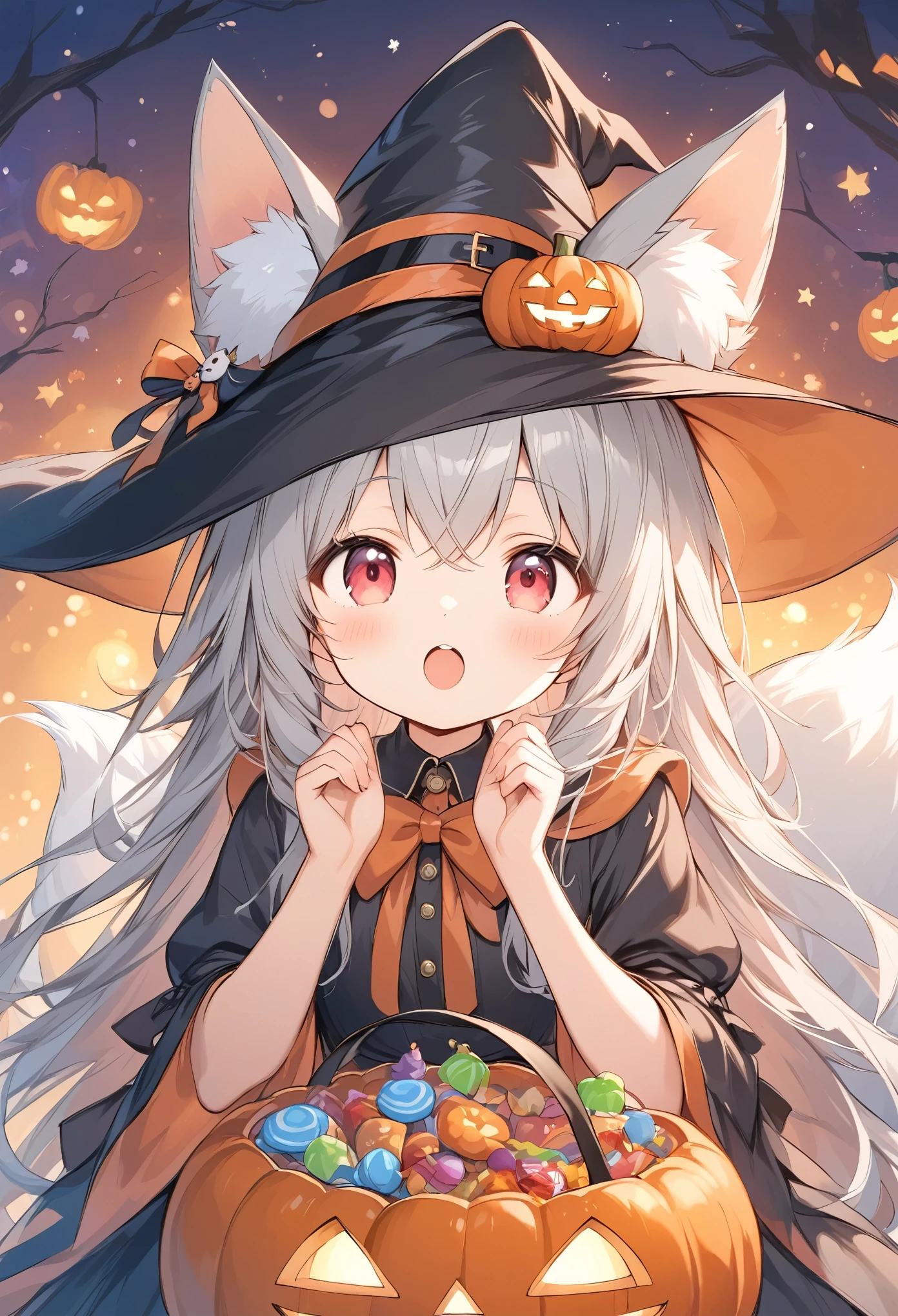 Thin and soft painting style 、White fox girl 、Gray Hair、  Smooth Long Hair  、Fox Ears、  Fox's Fluffy Tail  、Ruby Eyes、Slanted Eyes、cute、Halloween、 jack-o-lantern background、Witch Costume、Begging for candy 、Looking up、tooth、Little fox on shoulder 