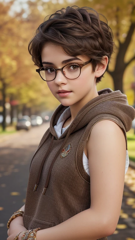 a 1girl, a beautiful -aged modest shy virgin girl with realistic natural soft tiny breast, (extremely tiny junior breast), ((short wavy brown hair)), ((cut pixie hairstyle), ((full body portrait)), 1 beautiful girl,solo,like a teenage,tomboy,looking at viewer,short hair,slightly curly hair,circle face form,simple background,brown hair,short dishevelled hair,dark brown deep eyes,parted lips,sensual lips,autumn city background,small semi-wide nose,puffed cheeks,eyelashes,wide shoulders,traditional media,portrait,close-up,glasses,beautiful thin fingers, realistic plush hoody,realistic skin texture,realistic hair,glowin eyes,no makeup,clear neck,medium shot, full body, wide background, oil painted, contemporary, Realistic Proportion, Intricate, intricate detials, sharp-focus, realistic clothes textures, realistic skin textured