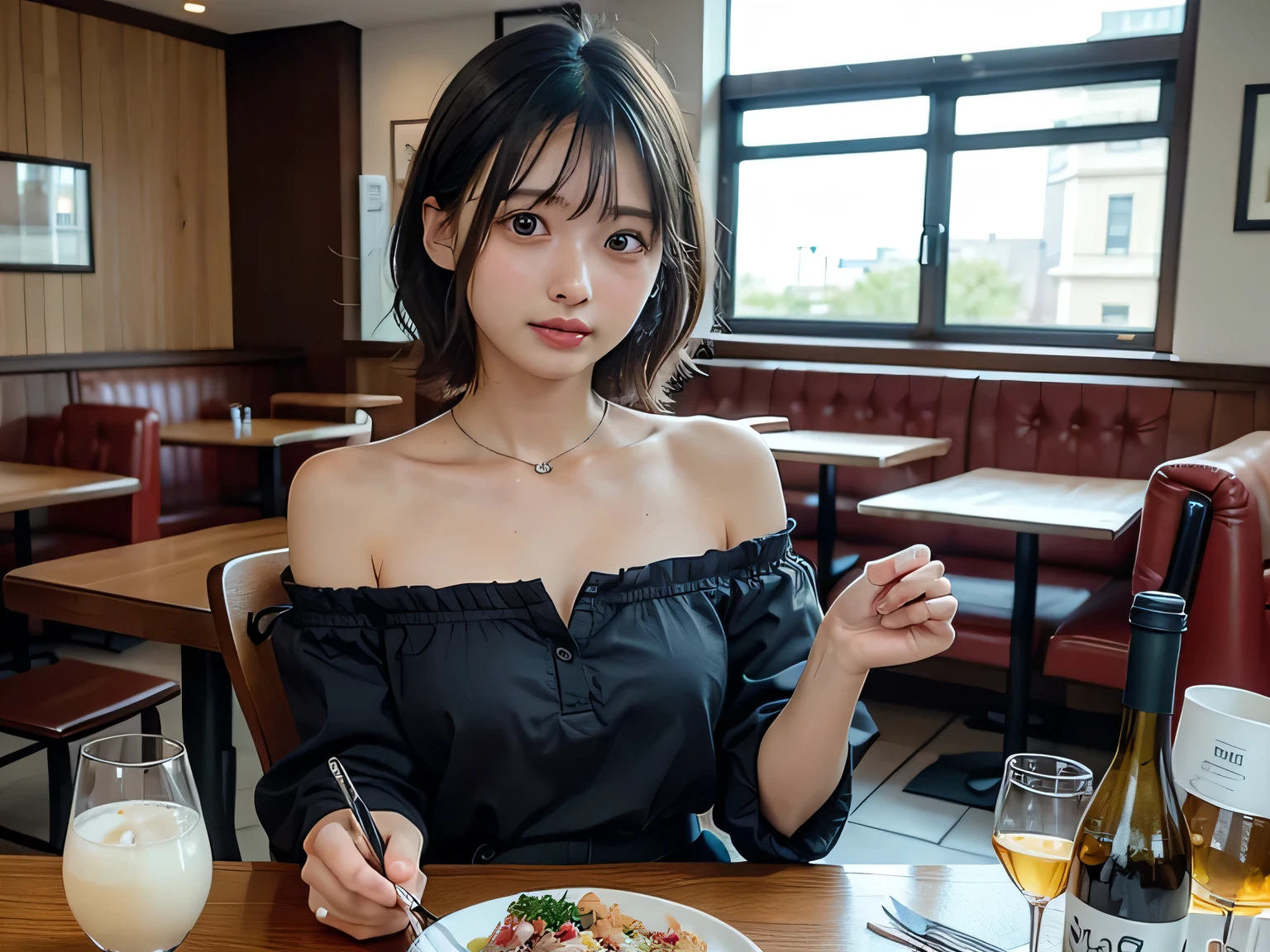 Elaine,shoulder-length black hair,eyes browns, thin lips, Round face, breasts big, in the kitchen eating burger and fries ,detailed artwork.