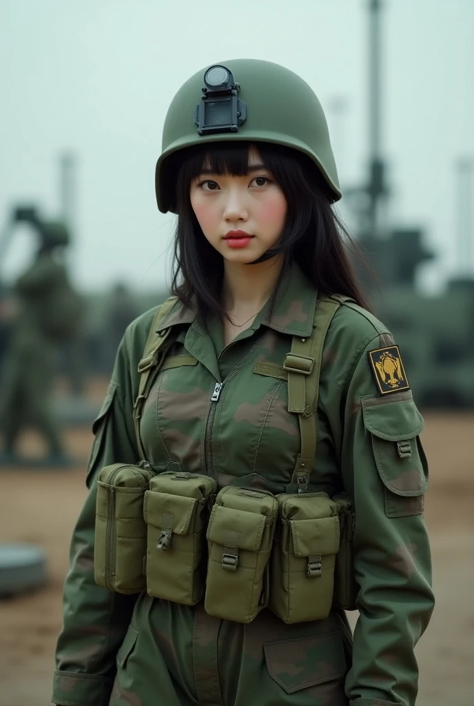 Film photo, detailed, bright
lighting, 1girl, -age, photo realistic, front view, military, military wear, tank, circle grasses, schoolyard, smiling, chihatan, battle suits,