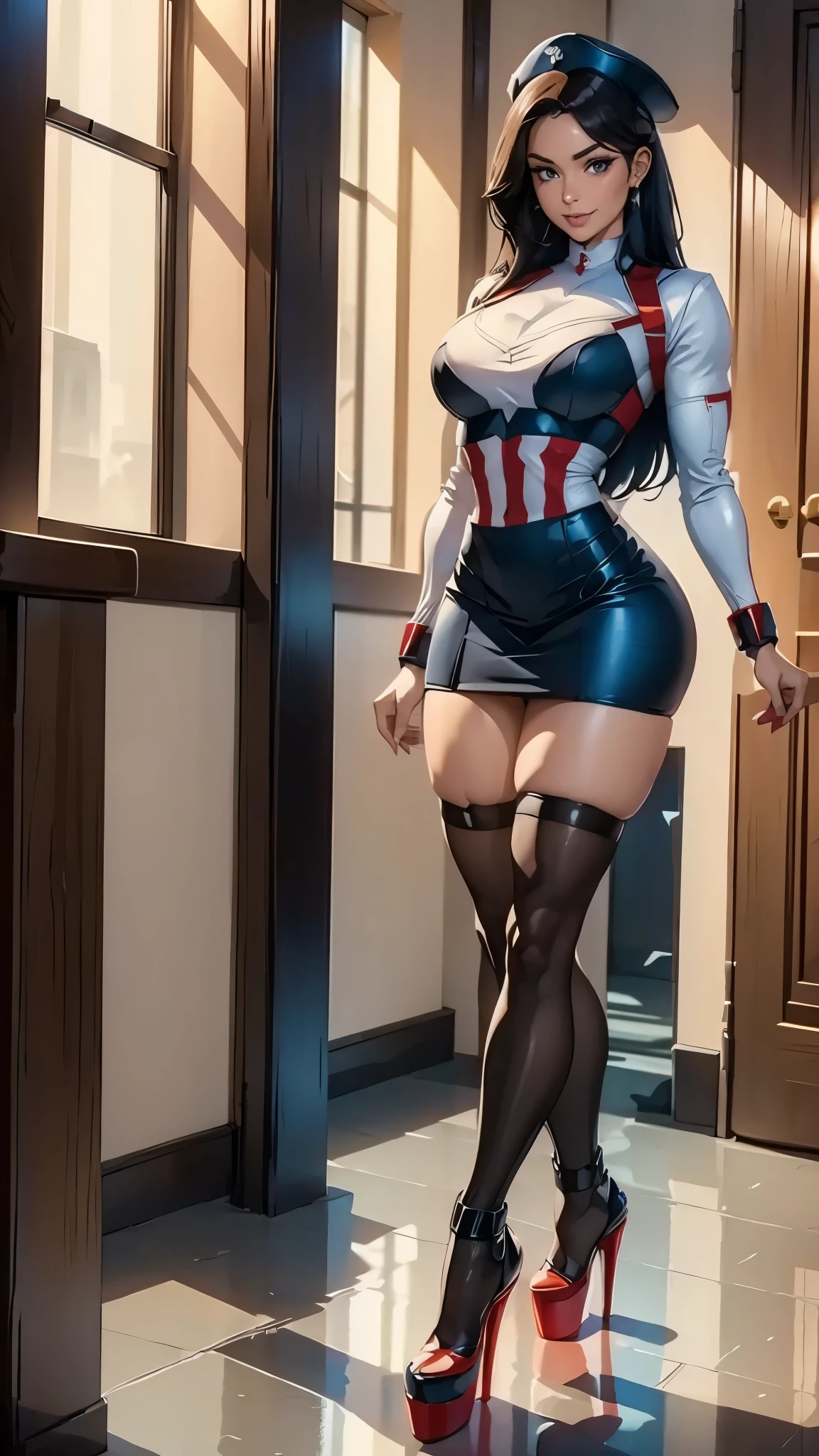  white floor and black stocking , captain america cosplay usa high heels, rostro detallado 
