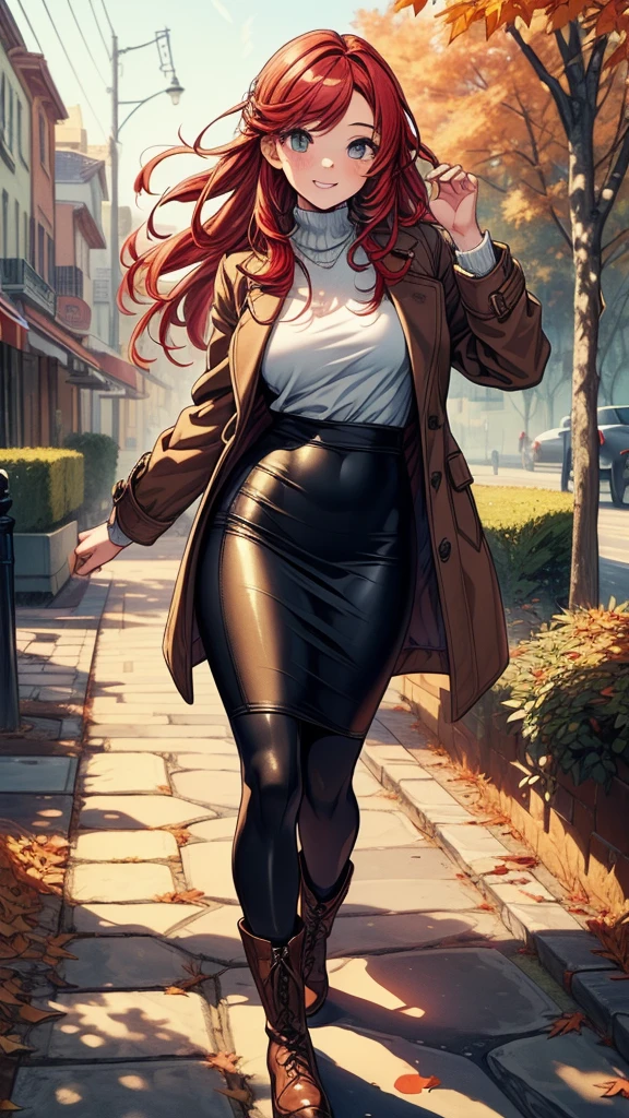 a woman with red hair wearing a brown coat, wearing a white nurse cap and white shirt and white skirt, new york rooftops in background, <lora:nursecap:1>