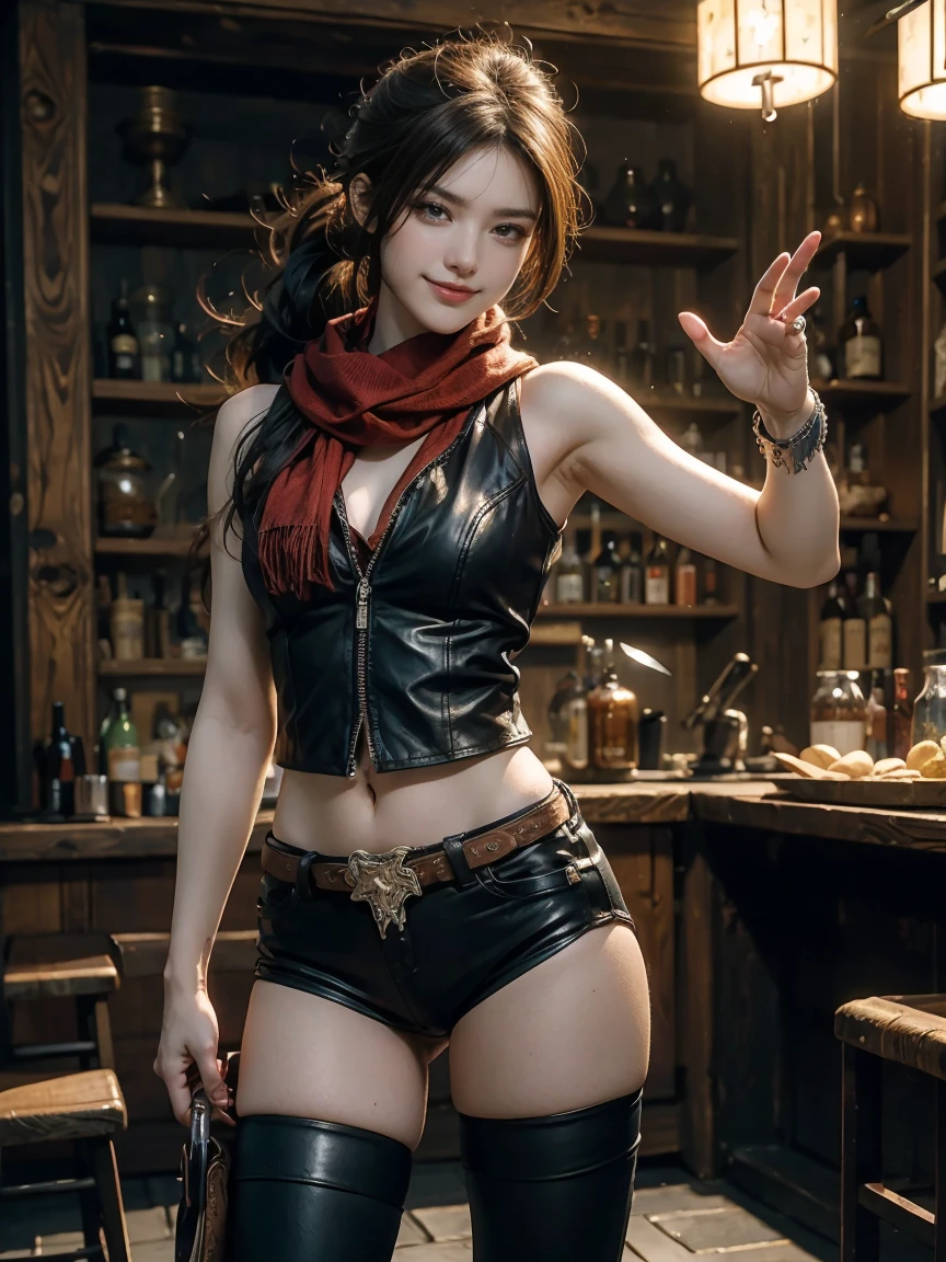 masterpiece、 best quality、 best quality、  High Resolution  、Genuine、RAW Photos、8k、Medieval European Taverns、((smirk、dynamic pose、cowboy shot、medium shot:1.5))、1 female、solo、Beautiful thief woman、Brunette、 short bang in full body water、  high ponytail、Slender women、slim、Red Scarf、Leather Handbags、Leather knife holder、Sleeveless Leather Vest 、Leather Stockings、Sharp Eye、(Knife-holding pose:1.2)