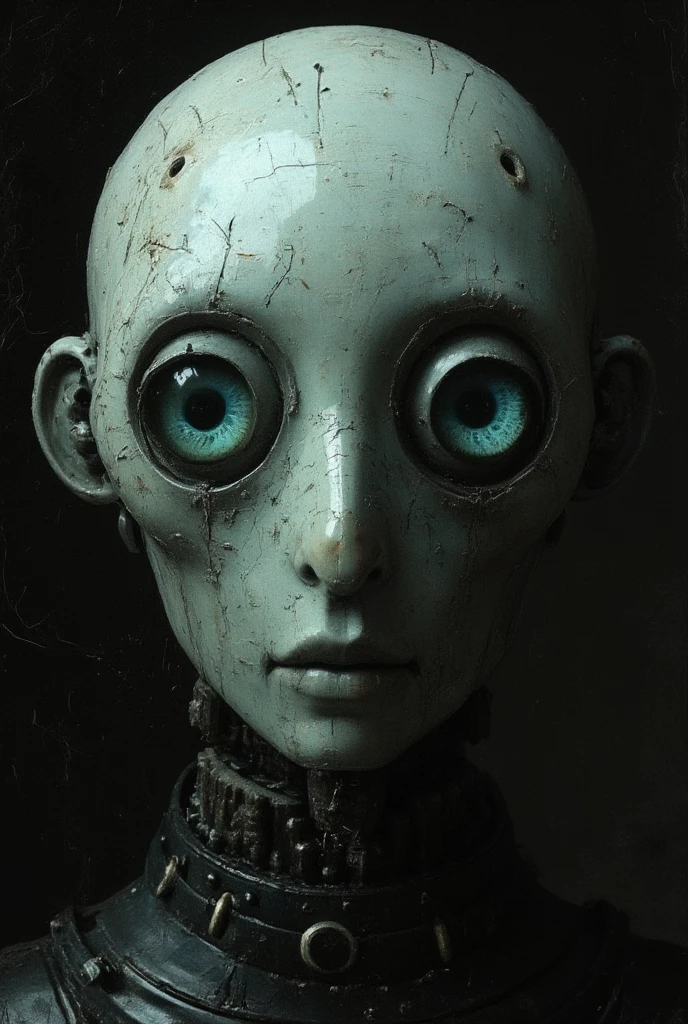 Full view. Little funny robot, porcelain face and head, big turquoise eyes, perfect eyes, best quality.  Beautiful cinematic impressionistic painting, minimalism.  Dark creepy in the style of Jeremy Mann and Charles Dana Gibson, Mark Demsteder, Paul Hadley, from Spartak Mukanov.  perfect composition,
Incredibly Beautiful Detailed Octane Rendering, Artstation Trend, 8k, Art Photography, PhotoRealistic Concept Art, Programmable Natural Volume, Cinematic Ideal Light, Chiaroscuro, Award Winning Photography, Masterpiece, Oil on Canvas, Raphael, Caravaggio, Greig Rutkowski, Beeple, Beksinski, Giger ,
ultra high resolution, Realistic, vibrant colors, high detail, Ultra clear image, pen and ink, perfect composition, beautifully detailed complex, insanely detailed octane rendering, ArtStation Trends, 8K art photography, photoRealistic concept art,
soft natural volumetric cinematic ideal light.