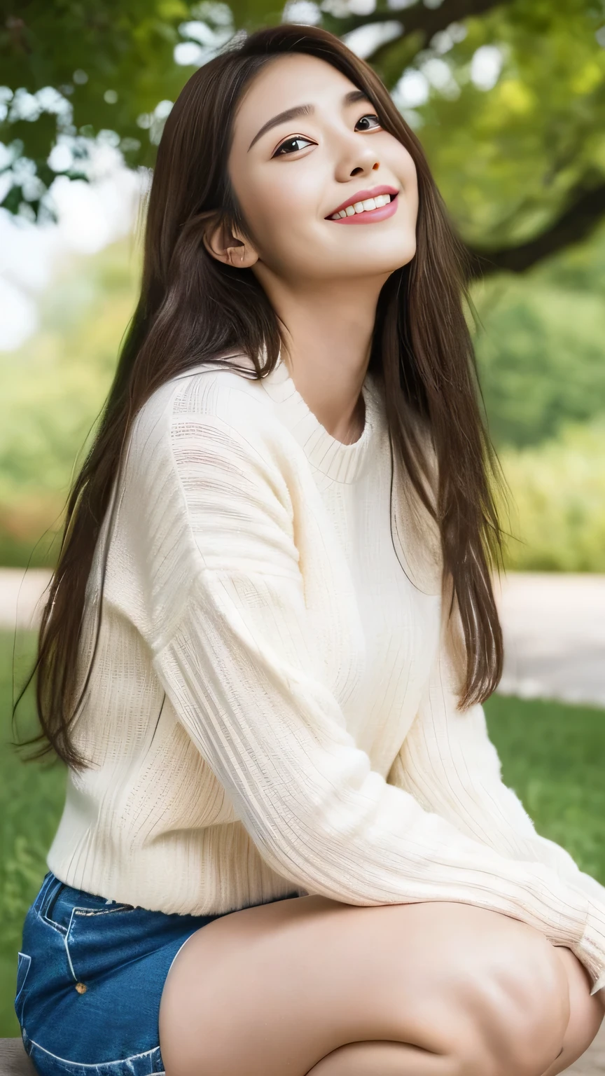 Beautiful white and shining skin、Chestnut hair that changes depending on the light、Long bangs between the eyes that obstruct the view、Cheek gloss highlights、Sexy and very beautiful nice gorgeous face、the most beautiful face in the world、Smooth straight hair、medium breasts、Big and bright eyey eyes are shining、Beautiful eyes in every detail、eyelash、beautiful double eyelids、beautiful bangs、Beautiful and beautiful woman、small face beauty、rib knit bodycon sweater、skinny pants、small butt、Slender beauty、full body shot、golden ratio、natural smile、