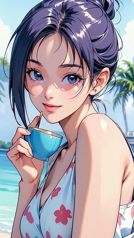 (masterpiece, ultra high res, best quality:1.3), (Jet black eyes:1.3), (yellowish-brown skin tone:1.0), Sleek straight bob, light blue hair, pensive, large breasts, from above, portrait, girl, cleavage, South Korea, Tourism, Boseong Green Tea Fields, vast tea plantations in Boseong known for their scenic beauty and green tea production.,,