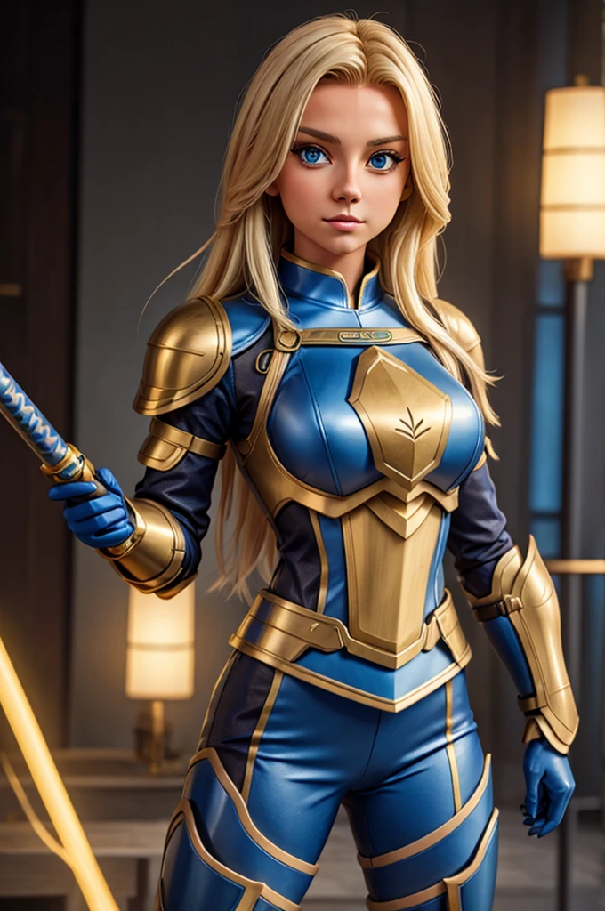 Blonde sexy girl ,  wearing a blue and gold hero armor outfit,  electronic futuristic outfit , She's holding a blue katana