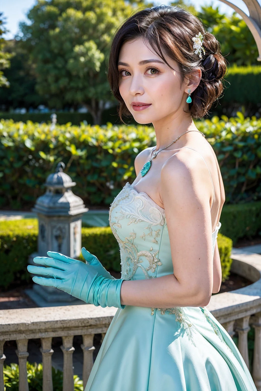 ((Masterpiece)), ((Best Quality)), A middle-aged short-hair woman, ((She is wearing an ornamental light aqua color wedding dress)), She is in a garden, she is wearing a necklace, She is wearing white gloves on her hands,  black eyes, from side