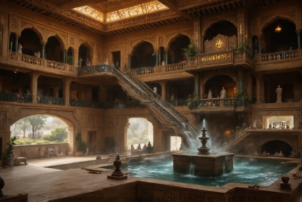 A grand, opulent indoor public bathhouse showcases intricate architectural design during gupta era of central India reminiscent of indian south indian intricate architecture. There are two pools. The focal point is lower rectangular pool on ground floor of clear blue water with a smaller adjacent section featuring a cylindrical fountain. The central fountain has multiple tiers and ornate carvings, cascading water gracefully into the main pool. A rectangular stone platform with elaborate carvings sits atop the water, adorned with small bowls and decorative items. Surrounding the pool are arched doorways leading to an outdoor area, through which statues can be seen. The walls feature symmetrical arches and columns, all intricately carved with geometric patterns and floral motifs. Large windows on the left allow natural light to filter in, illuminating the space and casting soft shadows. A built-in seating area with cushions and pillows protrudes from the wall beneath these windows. The upper structure includes a massive hanging swiming pool with stone boundary and archs and transparent glass surface with elaborate geometric carvings, Hanging from this pool is a prominent balcony supported by intricately carved wooden columns, adorned with dark green balustrades that add a touch of color contrast. The balcony's richly detailed architecture is accentuated by the interplay of light and shadow, emphasizing its depth and complexity. Additional details include ornate railings, lattice work, and a series of arches forming a corridor or hallway. Statues and ornamental objects are placed around the pool area, enhancing the luxurious ambiance. The overall mood is serene and majestic, captured in balanced lighting that highlights both the architectural elements and the natural beauty outside. The color palette consists of warm browns, tans, creams, forest greens, teal blues, and golds, contributing to the historical richness of ancient India.