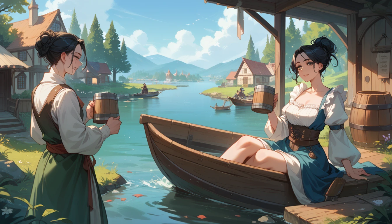 Beautiful woman, Medieval European Grasslands,  I was particular about every detail, 4K, masterpiece、Black Hair、Onna Kai on a boat and toasts with her friends in a barrel mug