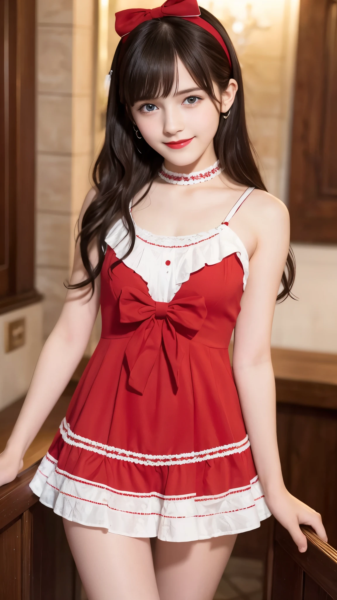 (8K、RAW Photos、Highest quality、masterpiece:1.2)、(Realistic、Realistic)、1 Girl、((mini skirt、smile、Red and Black、Thin legs、whole body、boots、Anime Costumes、Chest ribbon、Off the shoulder、See-through、Frills、garden、View from the front、Ribbon on chest、Looking into the camera、belt、Stand with hands on hips))、