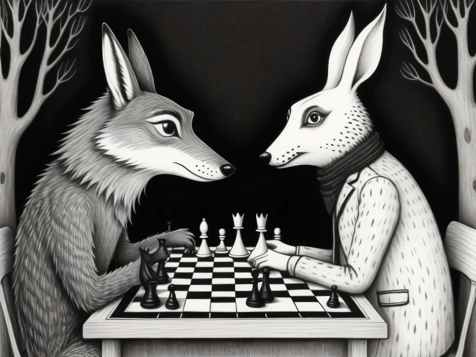 The drawing by the artist Edward Gorey is made with a simple pencil, monochrome, grayscale, anthropomorphic anthropoid ridiculous and wonderful hare and wolf play chess at a chess table, instead of chess pieces ordinary little people, an anthropomorphic anthropoid hare has a cuckoo on his shoulder, an anthropomorphic anthropoid wolf has a squirrel on his shoulder, stroke drawing technique, full compliance the style of Edward Gorey, surrealism, Gothic