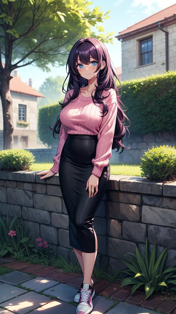 ((masterpiece, best quality, ultra-detailed)), 1girl, beautiful business woman walking through a summer garden, smiling, wearing pink blouse and blazer, bracelet, necklace, black midi pencil skirt, long tight skirt, black business skirt, heels, full body, wavy purple hair