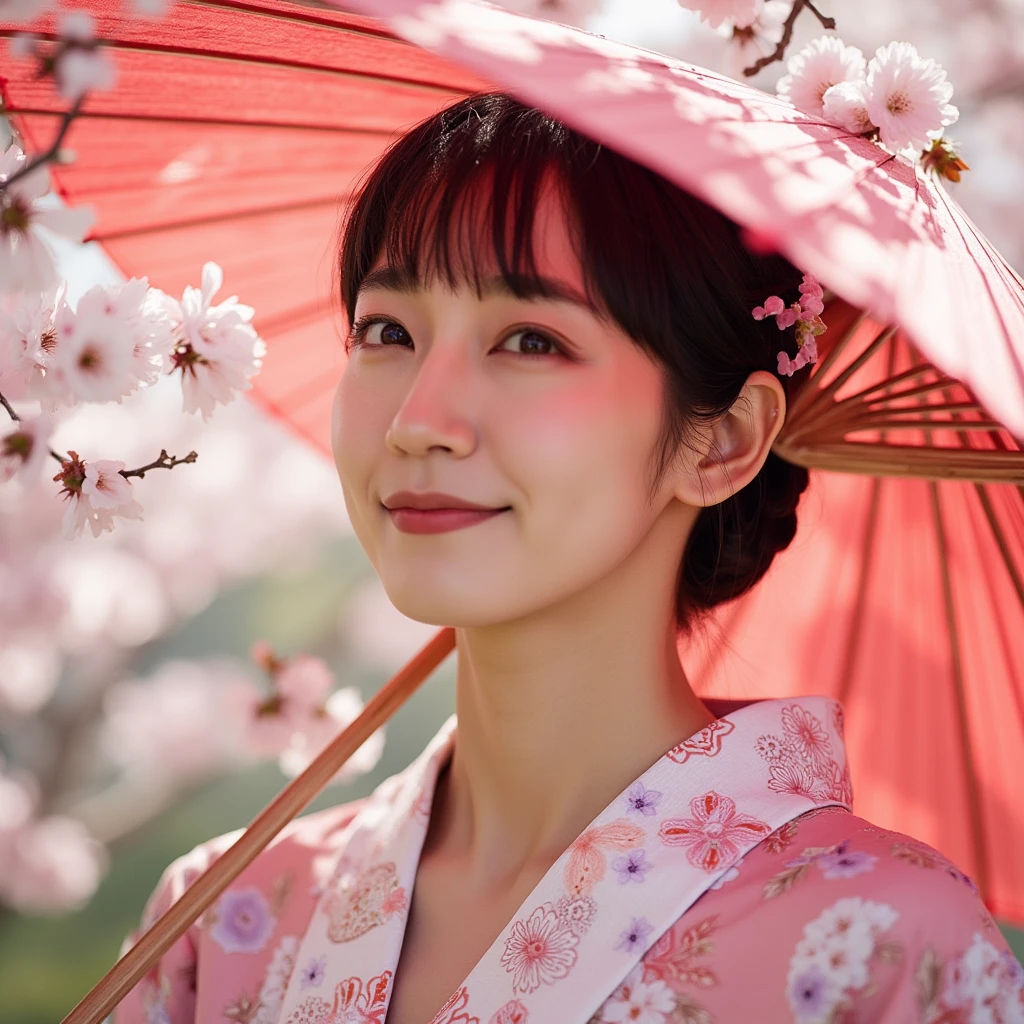 An elegantly dressed Japanese woman in natural light、A close-up of her chest and calm expression.、It shows her inner peace and outer charm.She has a Japanese umbrella spread over her head and smiles as she watches the cherry blossom leaves fall.