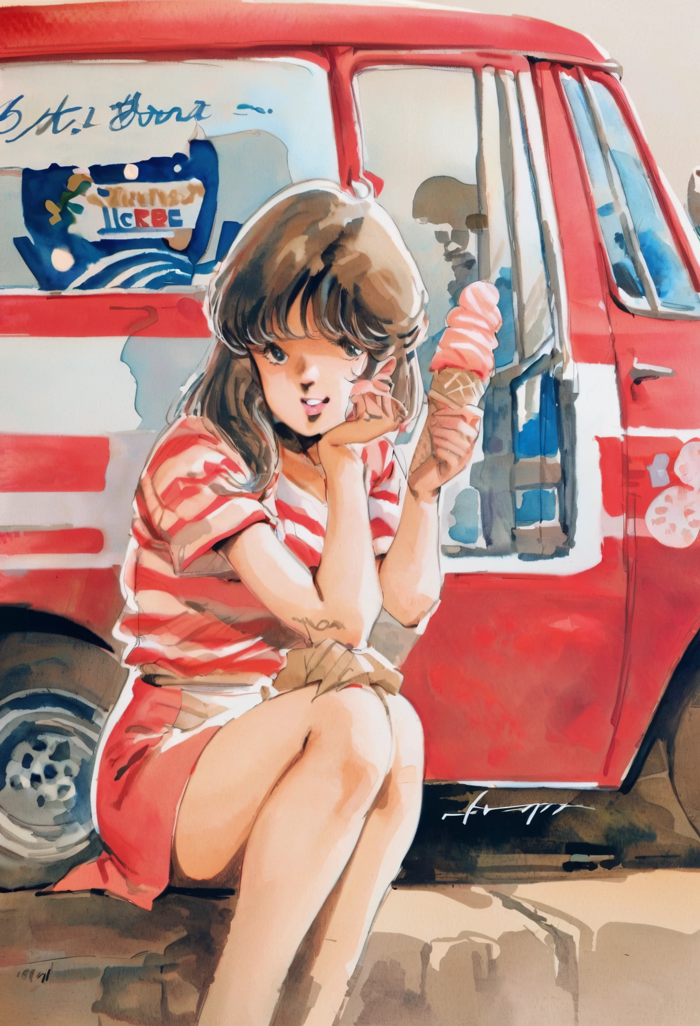  Closeup. 1girl,  bored expression, holding ice cream cone, sitting beside an ice cream truck, masterpiece, the best quality, very aesthetic, absurdres traditional media, watercolor, 1980