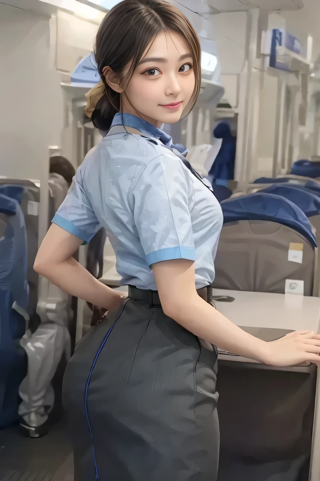 (masterpiece:1.2, Best Quality:1.2), 32K HDR,  High Resolution , (Alone、 1 girl)、（on board、 professional lighting）、In-flight background、（ANA flight attendant uniform blueを着たリアルスタイル）、（（ANA flight attendant uniform blue short sleeve blouse 、 ANA flight attendant uniform blue skirt with blue line on the back、Scarf around the neck））、Dark brown hair、（ long hair、Hair tied up、Hair tied up）、Dark brown hair、 LONG SHOT 、Big Breasts、Thin legs、（（Great hands：2.0）），（（ Harmonious Body Proportions：1.5）），（（Normal limbs：2.0）），（（Normal finger：2.0）），（（Delicate eyes：2.0）），（（Normal eyes：2.0））)、smile、（ANA flight attendant uniform blueを見せた美しい後ろ姿）、Hands clasped underneath