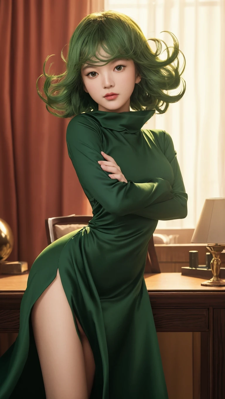 Masterpiece, best quality, detailed face, Tatsumaki, green hair, black dress, pelvic curtain, leaning on a brick wall arms crossed, looking at viewer, neutral face