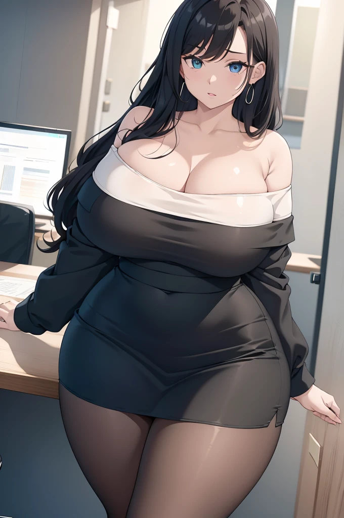 ( best quality), (masterpiece),  1 girl, Early 20s, huge heavy breasts, Firm breasts, thick, thick lips,  wide hips,  thin waist, Long Hair,  curly hair,  earrings, Officeレディ,  off-shoulder blouse, High waisted black skirt, pantyhose,  bracelet, Office