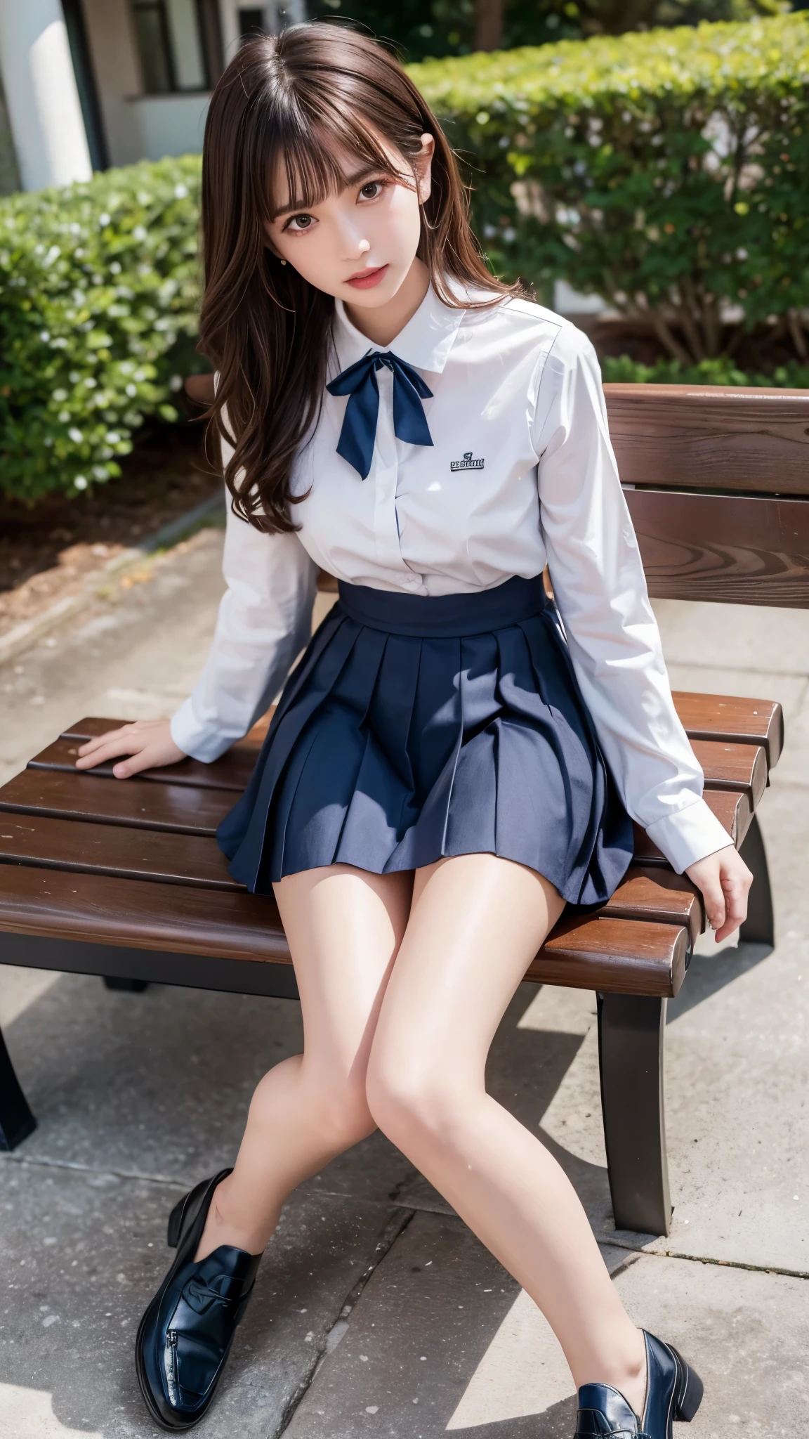 Highest quality, 16k, super high definition , 8k, masterpiece, (Canon R5, 1 1 1.8, ISO100, 45MP , 1/4000), One Girl, aloneld, JK, High school girl, Medium length Hair, bangs, Brown Hair, double eyelid, length eyelashes, Lower eyelashes, Brown Eyes , Gazing at the audience, I'm wearing only a white shirt and pleated skirt , white shirt all open , Green ribbon around neck, very nice, D cup bust, Detailed depiction of nipples, dark blue and white checked pleated skirt , My mini skirt only slightly covers my upper thighs, No pants, nude、Thin arms, length, Thin legs, Navy blue socks, Black loafer shoes, open legs, sitting on a park bench, Full Body Shot, ,
