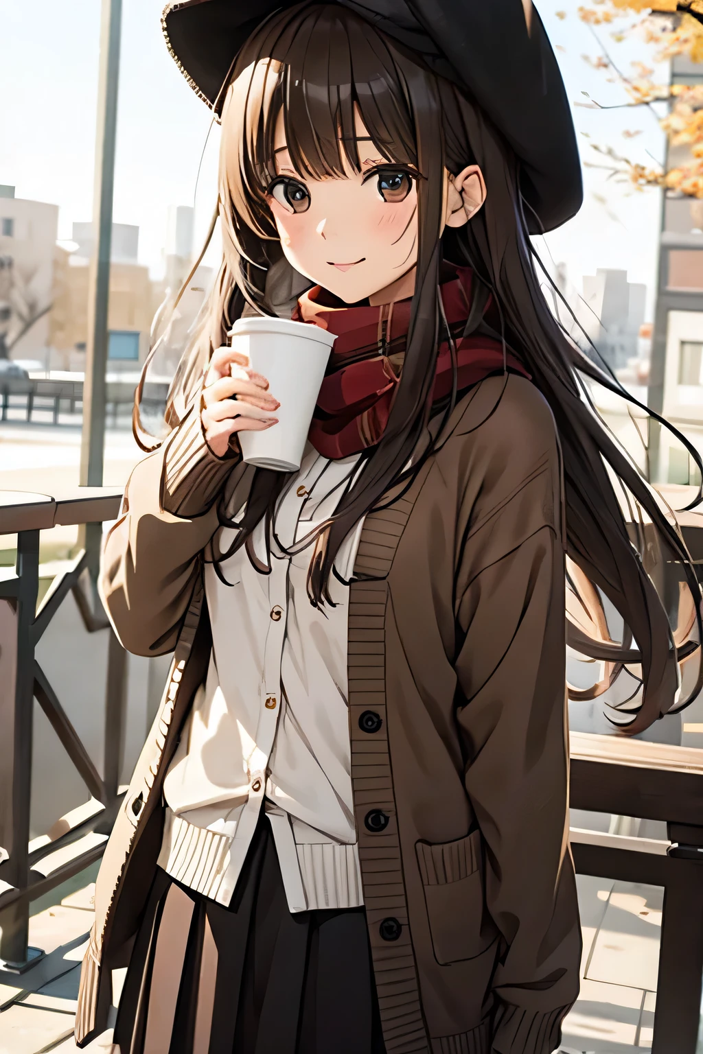  1 girl, 秋の紅leaf, bangs,  black headwear, Blurred Background, ,  Brown Eyes , Brown Hair, brown scarf, brown skirt,  cardigan, coffee,  cowboy shots, cup, disposable cup, [drink, 落ちleaf, Beanie, holding, holding [drink, leaf, Long Hair,  Long Sleeve ,  viewers almost at night, open  cardigan,  opens her mouth, Check pattern, Check pattern skirt, puffy  Long Sleeve , red sweater, scarf, shirt, shirt tucked in,  side lock, skirt, smile, Alone, sweater, white shirt,  very detailed, Complex, masterpiece, Absurd
