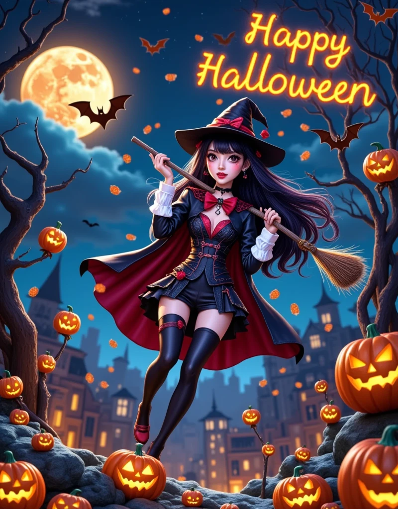 Anime style, Panoramic top-down shot, in the night sky, full moon, sexy witch flying in the sky with a broomstick, witch in a cape, wearing a magic hat, black shorts, black stockings, throwing candy in her hand, bats flying in the sky, looking at the camera, (there is a burning English saying Happy Halloween in the sky), contrast between warm and cool tones