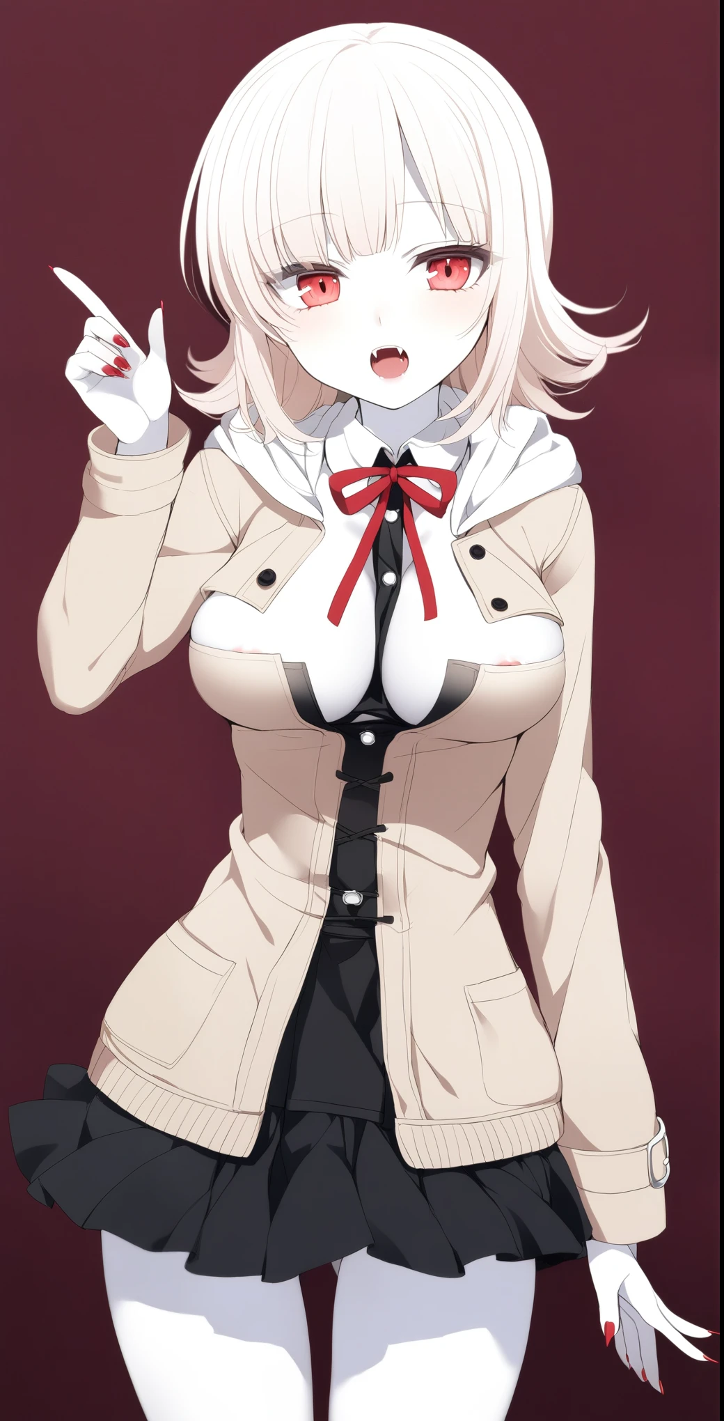 1 Girl、Vampire Chiaki Nanami、 Red Eyes、Fangs growing、high school student、pure white and pale skin、 pure white hair、Mid-winter clothes、Midwinter clothes、Height 150〜170 cm or more、Vampire Academy Students、Red nails、slightly pointed nails、 slightly larger boobs、