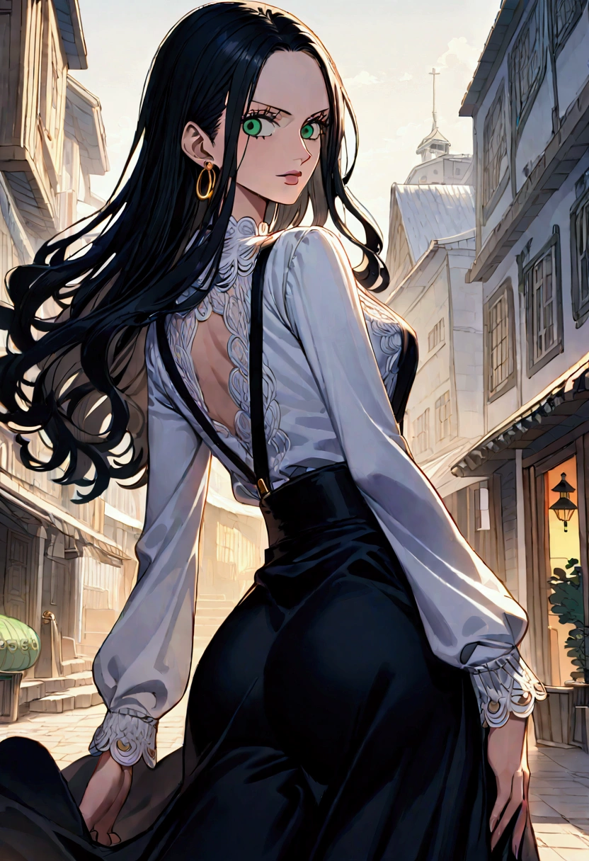 One piece female character, water green eyes, very long straight black hair , Long FRINGE,  small breasts ,  gold earrings rising up the ear , black dress pants with suspenders , short white knitted blouse with long sleeves,  turn gently to look back ,  in the background of a sunny port city  