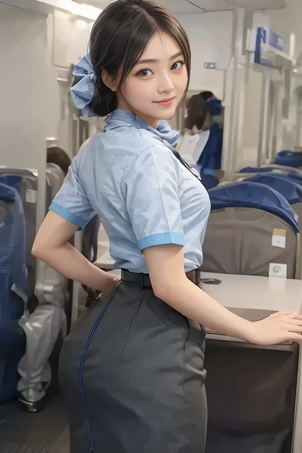 (masterpiece:1.2, Best Quality:1.2), 32K HDR,  High Resolution , (Alone、 1 girl)、（on board、 Professional Lighting）、In-flight background、（ANA flight attendant uniform blueを着たリアルスタイル）、（（ANA flight attendant uniform blue short sleeve blouse 、 ANA flight attendant uniform blue skirt with blue line on the back、Scarf around the neck））、Dark brown hair、（ long hair、Hair tied up、Hair tied up）、Dark brown hair、 LONG SHOT 、Big Breasts、Thin legs、（（Great hands：2.0）），（（ Harmonious Body Proportions：1.5）），（（Normal limbs：2.0）），（（Normal finger：2.0）），（（Delicate eyes：2.0）），（（Normal eyes：2.0））)、smile、（ANA flight attendant uniform blueを見せた美しい後ろ姿）、Hands clasped underneath