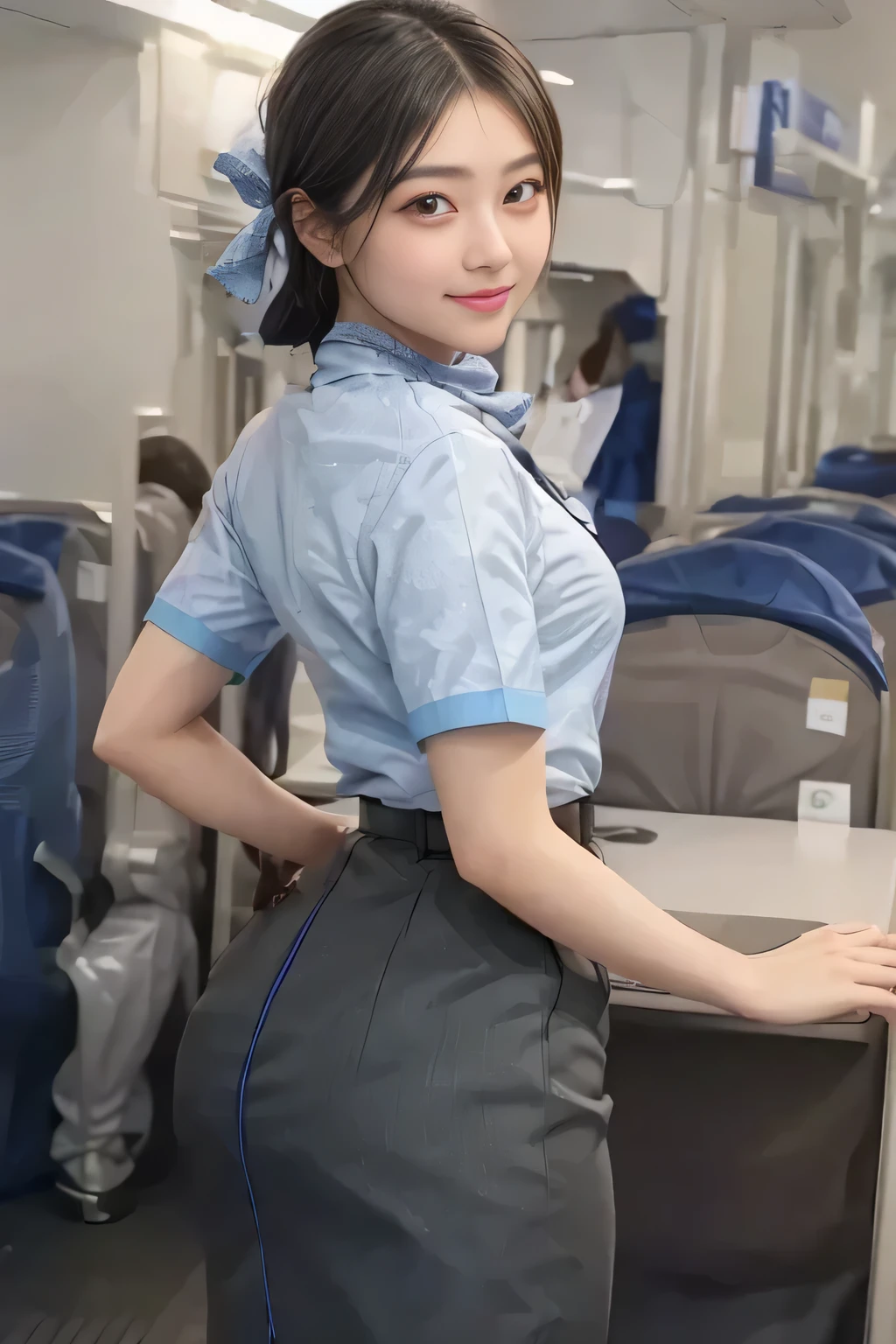 (masterpiece:1.2, Best Quality:1.2), 32K HDR,  High Resolution , (Alone、 1 girl)、（on board、 Professional Lighting）、In-flight background、（ANA flight attendant uniform blueを着たリアルスタイル）、（（ANA flight attendant uniform blue short sleeve blouse 、 ANA flight attendant uniform blue skirt with blue line on the back、Scarf around the neck））、Dark brown hair、（ long hair、Hair tied up、Hair tied up）、Dark brown hair、 LONG SHOT 、Big Breasts、Thin legs、（（Great hands：2.0）），（（ Harmonious Body Proportions：1.5）），（（Normal limbs：2.0）），（（Normal finger：2.0）），（（Delicate eyes：2.0）），（（Normal eyes：2.0））)、smile、（ANA flight attendant uniform blueを見せた美しい後ろ姿）、Hands clasped underneath