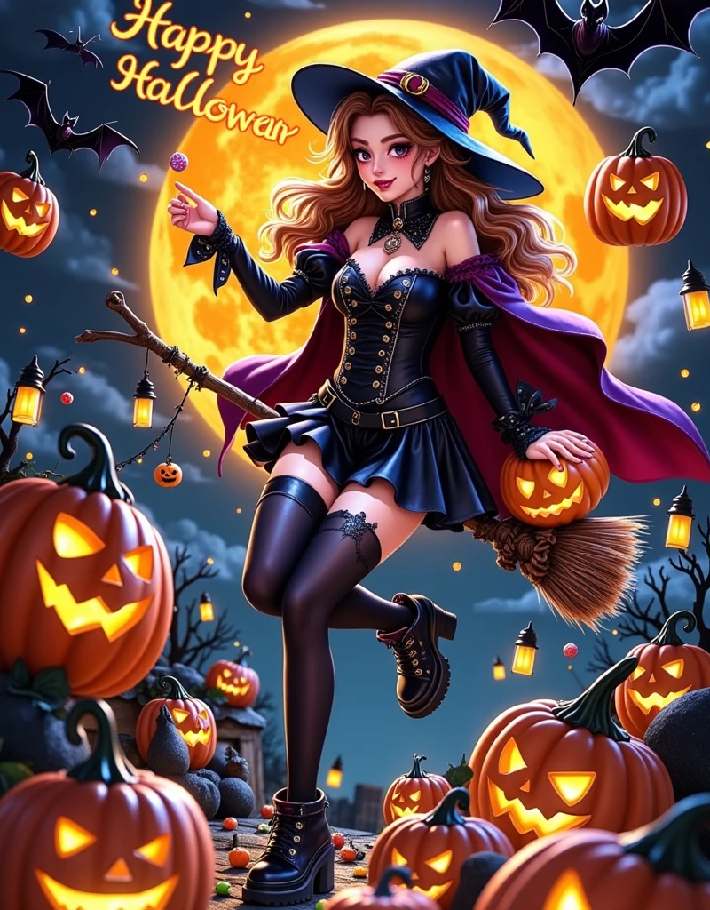 Anime style, Panoramic top-down shot, in the night sky, full moon, sexy witch flying in the sky with a broomstick, witch in a cape, wearing a magic hat, black shorts, black stockings, throwing candy in her hand, bats flying in the sky, looking at the camera, (there is a burning English saying Happy Halloween in the sky), contrast between warm and cool tones