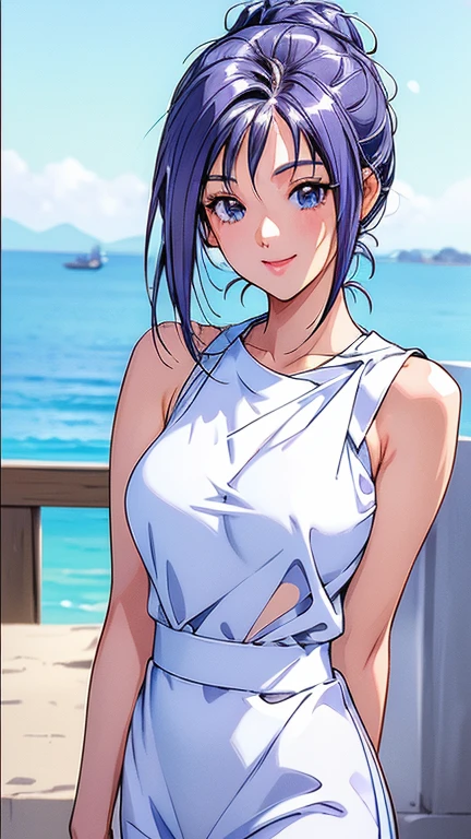 ((masterpiece, Highest quality, Highest quality, Official Art, beautifully、beautiful:1.2)),((masterpiece)),((Vibrant colors)),((Ayako Katagiri)),((幸せそうなsmile)),((smile)),((looks fun)),(Seaside),(Big Breasts),(((Side bust))),(sunset),(Skin exposed),(Cool)