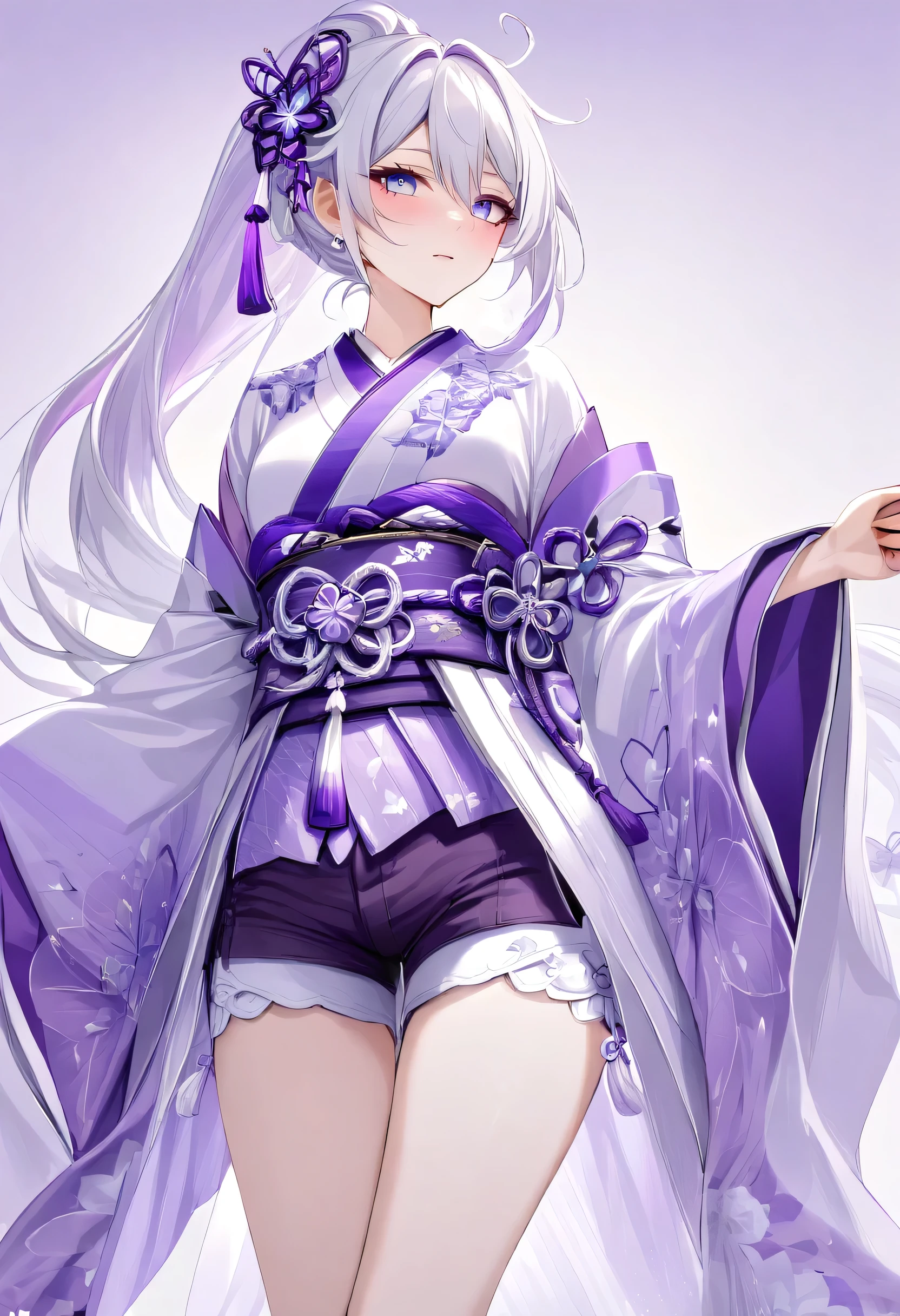 kiana kaslana \(honkai impact 3rd\), herrscher of finality, white hair, ahoge, ponytail, very long hair, blue eyes, purple pupils, medium breast, skinny skin, blush, closed mouth, heavy breathing, 1 girl, adult grown woman, masterpiece, best quality, beautiful detailed eyes, (kimono with butterfly patterns:1.6), (purple and white color palette:1.5), (wide sleeves:1.4), (ornate obi belt with tassels:1.6), (shorts:1.5), (floral knot details:1.4), (silk fabric:1.3), (light and airy aesthetic:1.4), (elegant but modern:1.5), (delicate embroidery:1.4), (minimalist accessories:1.2)