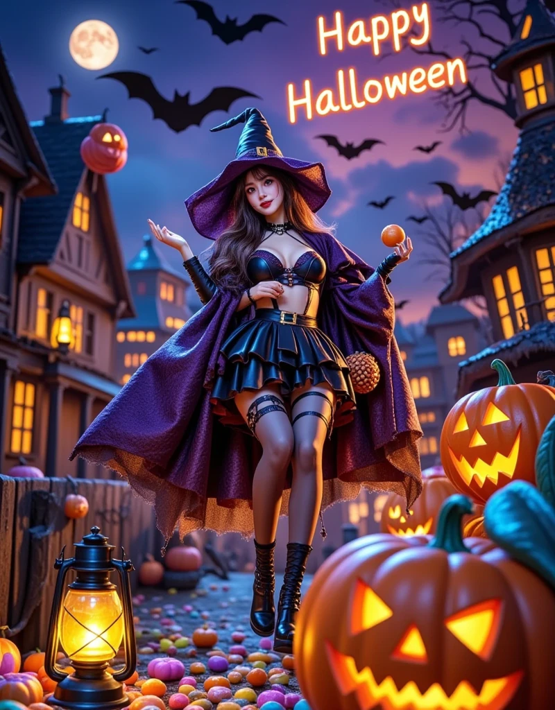 Anime style, Panoramic top-down shot, in the night sky, full moon, sexy witch flying in the sky with a broomstick, witch in a cape, wearing a magic hat, black shorts, black stockings, throwing candy in her hand, bats flying in the sky, looking at the camera, (there is a burning English saying Happy Halloween in the sky), contrast between warm and cool tones