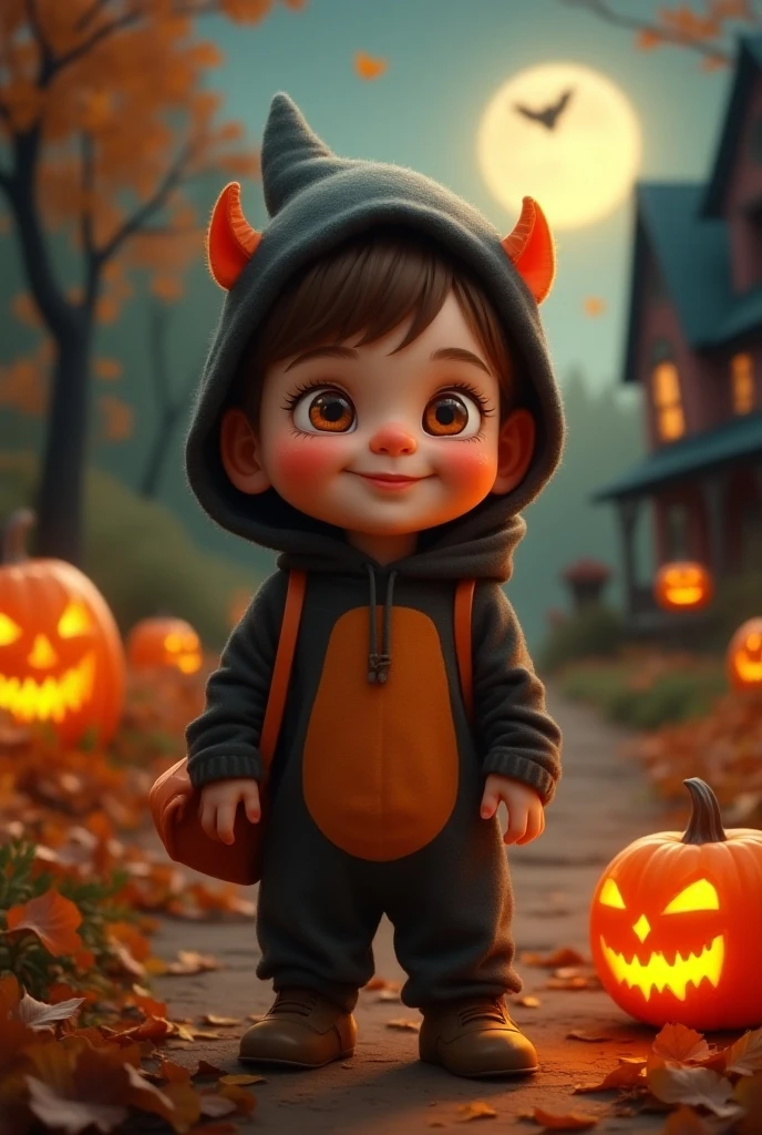 Boy dressed as a monster, holding a Halloween basket full of candy in one hand, with a serious face