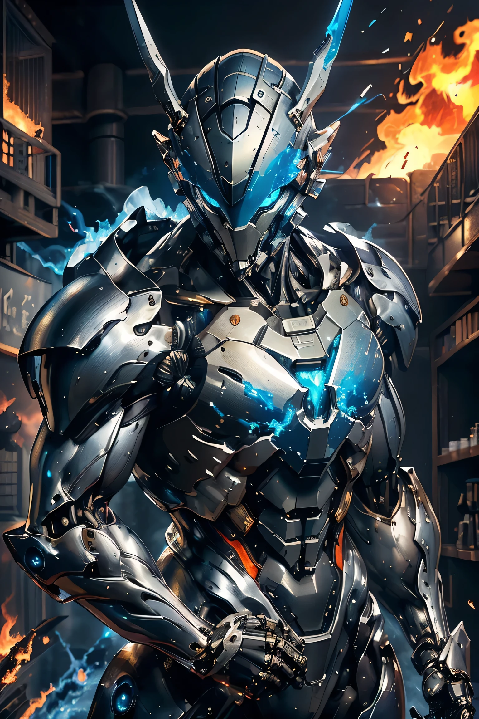 ((running towards viewer , dynamic pose)), (metallic: 1.5, silver and black suit: 1.5), (Japanese hero, whole body), (mech bodysuit with swords: 1.5), ((blue big fire: 1.5)), cyberpunk, My eyes are shining brightly, Suit parts are large , Lots of LEDs, ( helmet with sharp antennas), Unreal Engine 5, High image quality, best quality, High Resolution , Super detailed, Fine painting, Extremely delicate, professional, anatomically accurate, creativity, RAW Photos, 超 High Resolution , 32K, Natural Light, Cinema Lighting, masterpiece-anatomy-perfect, masterpiece:1.5, ( portrait with notebook in hand), (action pose), ((was a mecha))