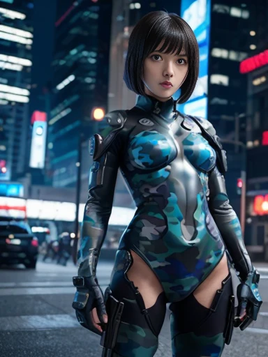 awardwinning photo, , Cyberpunk Suit, Cracked porcelain skin, A dark-haired、 gros-plan, vibrating, Photorealista, realist, Dramatic, murky, foco nítido, 8K、highcontrast、Cool pose、Sit up