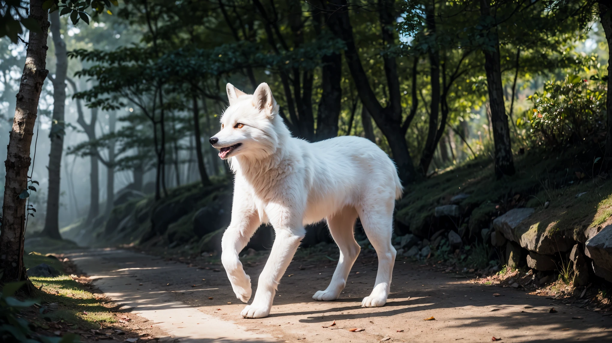 a white dog akita (((SOLO))) , looking forward, well-detailed watercolor background, sharp focus, very detailed tail, dawn, (cold morning: 1.1), (morning dew: 1.15), realistic photography, (discreet photography: 1.2), detailed, 8k, intricate bristling feathers, water drops on feathers, (to8contrast style), (mist:0.7), vivid colors, Sony a6600 Mirrorless Camera, embellish2