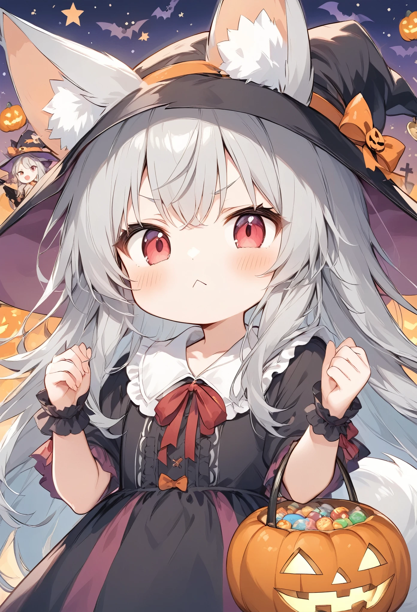 Thin and soft painting style 、White fox girl 、Gray Hair、 Smooth Long Hair 、Fox Ears、 Fox's Fluffy Tail 、Ruby Eyes、Slanted Eyes、cute、Halloween、 jack-o-lantern background、Witch Costume、Puff out your cheeks、They don't give me sweets and they're relentless,Angry face、cross-popping vein、:<
