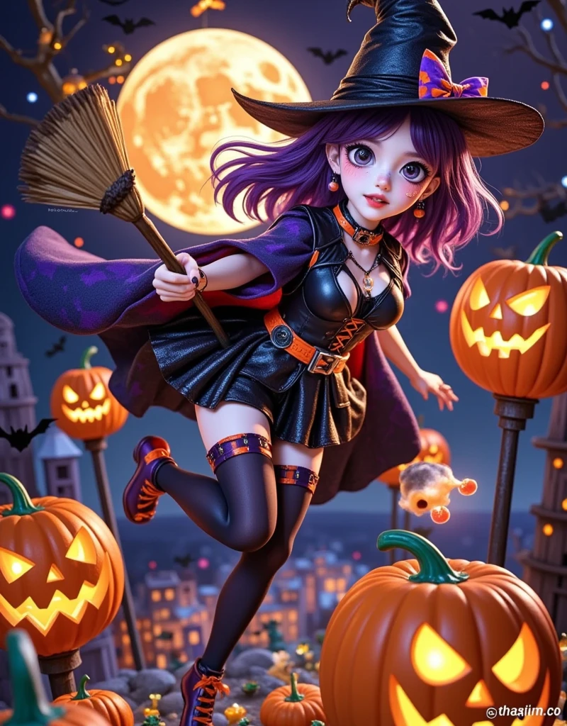 Anime style, Panoramic top-down shot, in the night sky, full moon, (cute witch is flying in the sky on a broomstick:1.5), (riding a broomstick:1.3), witch in a cape, wearing a magic hat, black shorts, black stockings, throwing candy in her hand, bats flying in the sky, looking at the camera, (there is a burning English saying Happy Halloween in the sky), contrast between warm and cool tones, realism, realism, photography