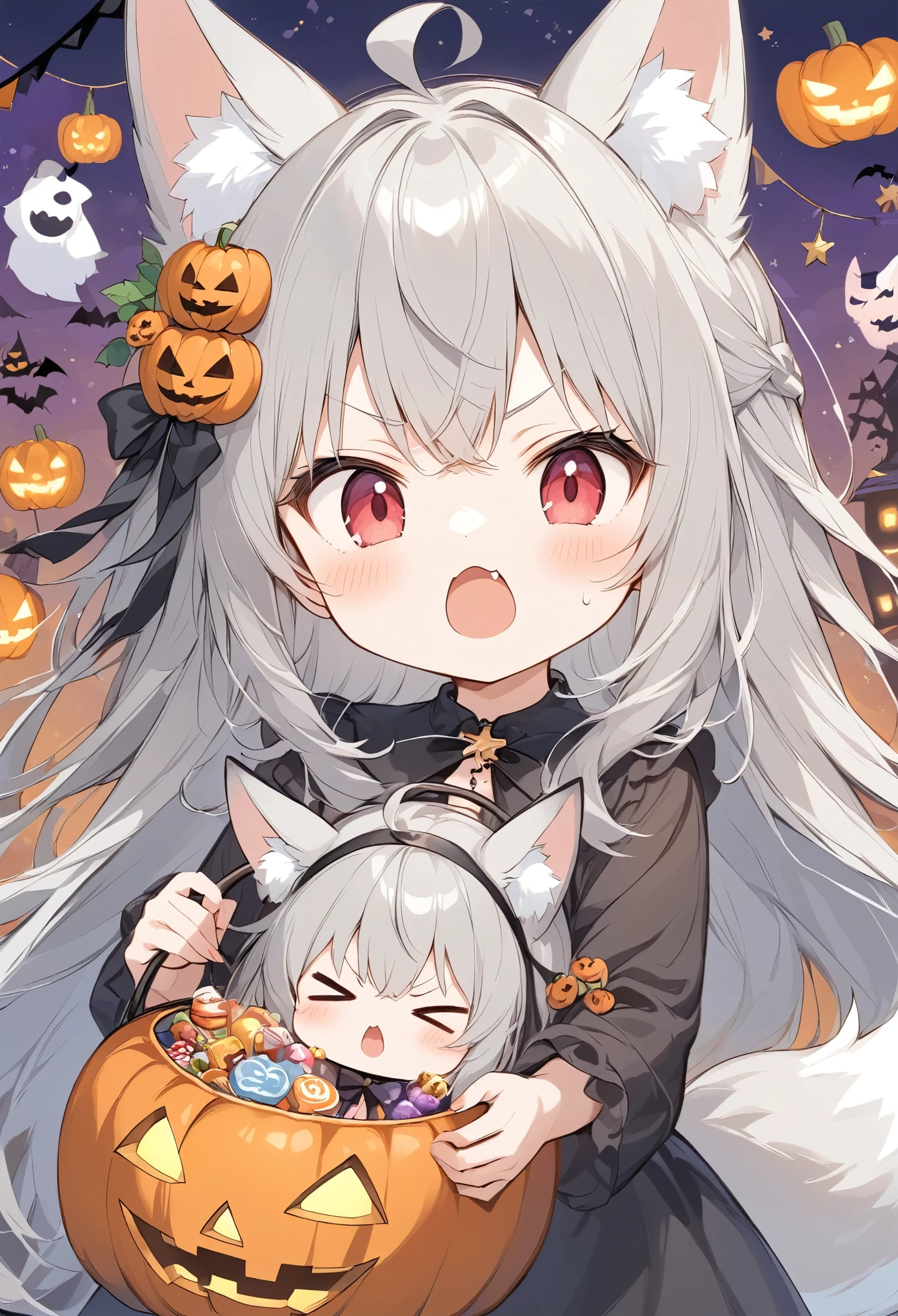 Thin and soft painting style 、White fox girl 、Gray Hair、  Smooth Long Hair  、Fox Ears、  Fox's Fluffy Tail  、Ruby Eyes、Slanted Eyes、cute、Halloween、 jack-o-lantern background、Witch Costume、Puff out your cheeks、They don't give me sweets and they're relentless,Angry face、cross-popping vein、:<