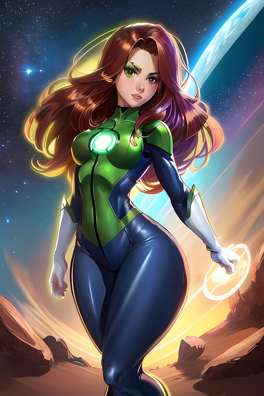 masterpiece, best quality, tween girl, flat chest, slim waist, large hips, thick legs, green lantern costume, outer space