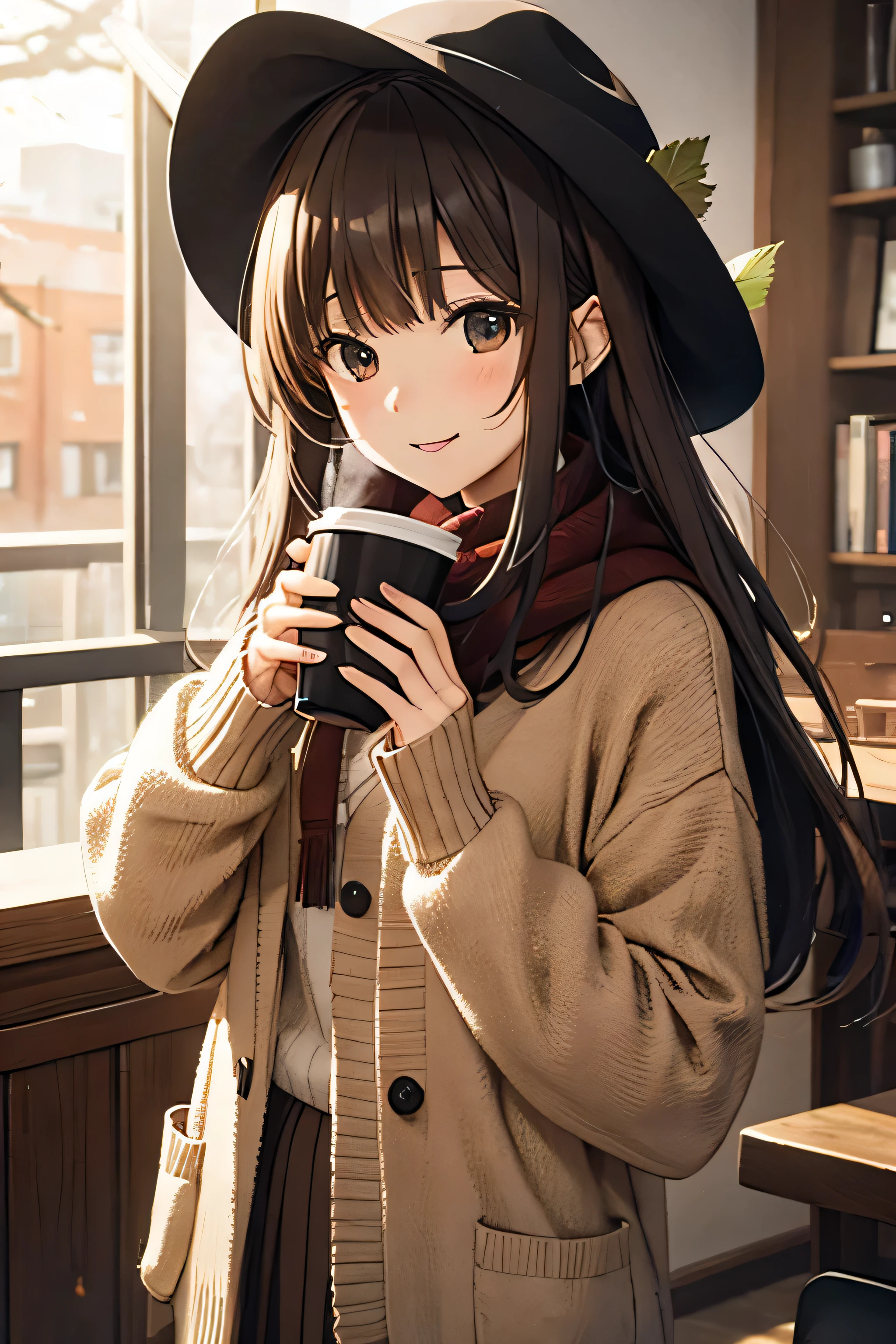  1 girl, 秋の紅leaf, bangs,  black headwear, Blurred Background, ,  Brown Eyes , Brown Hair, brown scarf, brown skirt,  cardigan, coffee,  cowboy shots, cup, disposable cup, [drink, 落ちleaf, Beanie, holding, holding [drink, leaf, Long Hair,  Long Sleeve ,  viewers almost at night, open  cardigan,  opens her mouth, Check pattern, Check pattern skirt, puffy  Long Sleeve , red sweater, scarf, shirt, shirt tucked in,  side lock, skirt, smile, Alone, sweater, white shirt,  very detailed, Complex, masterpiece, Absurd
