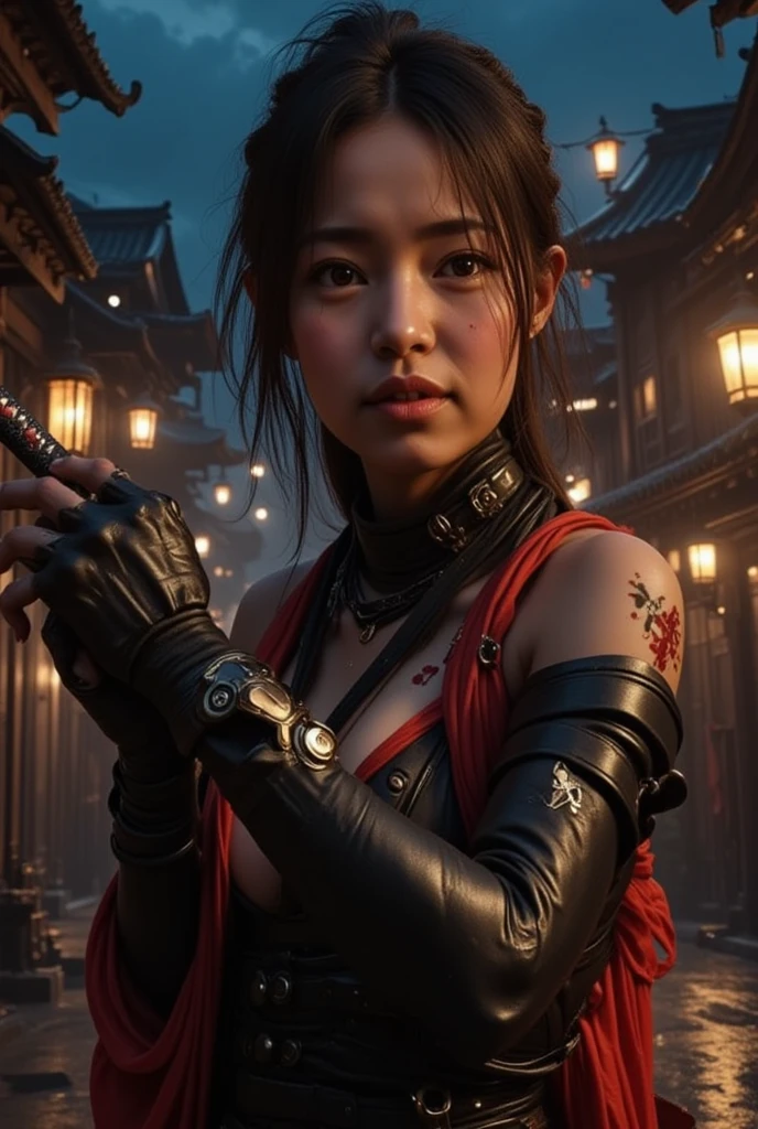 1woman, night time , full body pose ,rise one hand up, samurai sword in her hand, shining samurai blade with blood , beautiful detailed eyes, face to thigh view ,blood smear on her face, serious face, fighting emotion, beautiful detailed lips, extremely detailed face, long eyelashes, sexy black-red ninja suit, red bra, Flowing red fabric from ninja suit,  fighting pose , fantasy landscape, 1monster running behind her , many monsters far away in background, Ancient Japanese houses, ancient lamp poses, night time lighting, dramatic atmosphere, intricate details, moody colors, digital art, hyper-realistic