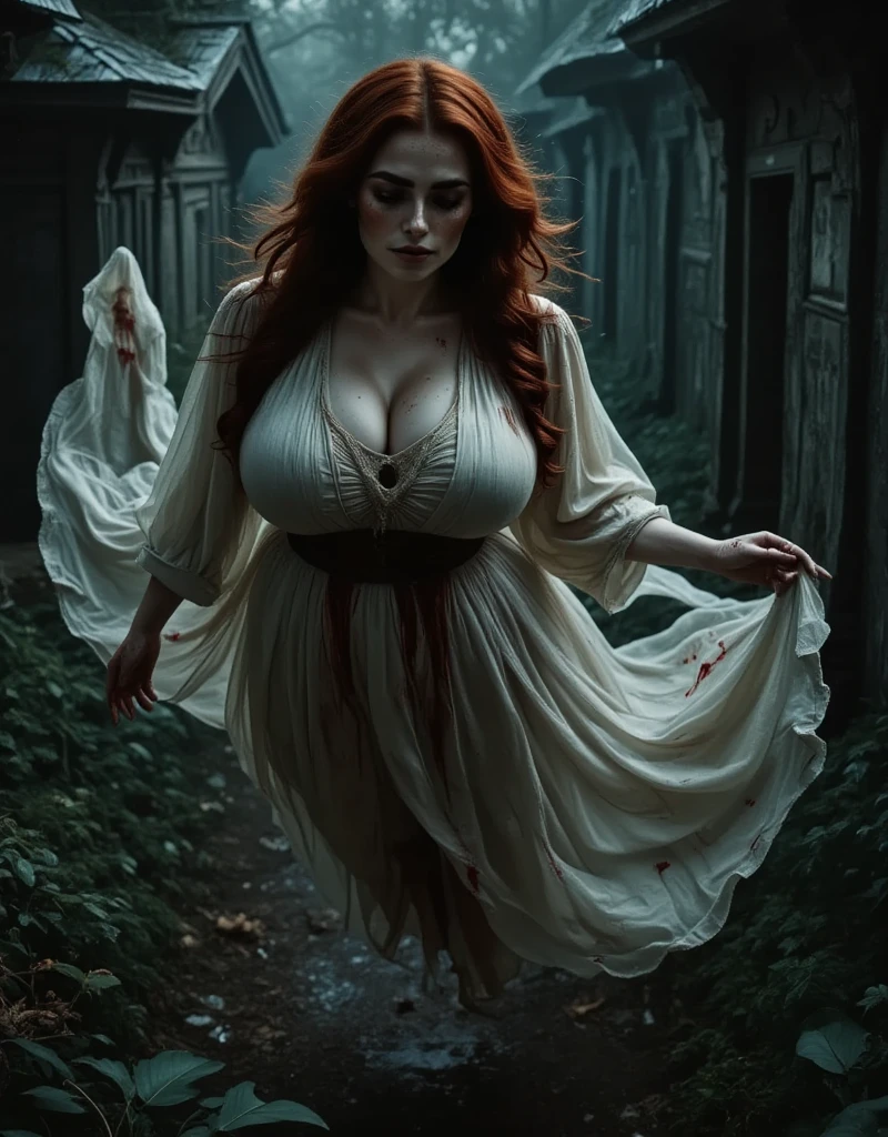 Photorealistic, cinematic style, picture of a beautiful female ghost. ((She's floating)) over the graves in the old cemetary. (dynamic pose:1.5), ghostly pale skin, flowy white robes, (robes are soaked with blood and blood spatters:1.5). She has Brown eyes, downturned eye shape, (((looking in the camera))). She has long reddish-brown hair. (((Her hands are covered in blood))),  Perfect hand,HDR, intricate details, fear