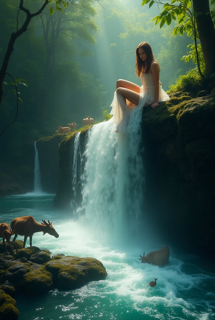 creation d'un logo d'une femme nue avec de l' eau sur son corps entouré d'arbre sur le nom de Excellente savon de beauté