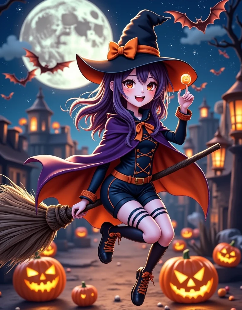 Anime style, Panoramic top-down shot, in the night sky, full moon, (cute witch is flying in the sky on a broomstick:1.5), (riding a broomstick:1.3), witch in a cape, wearing a magic hat, black shorts, black stockings, throwing candy in her hand, bats flying in the sky, looking at the camera, (there is a burning English saying Happy Halloween in the sky), contrast between warm and cool tones, realism, realism, photography